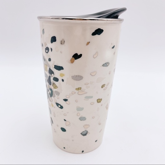 STARBUCKS 2014 Metallic Green Gold Flecks Ceramic Travel Mug Tumbler 12oz - Picture 3 of 8